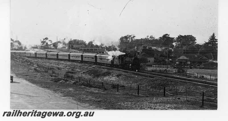 P16403
P class loco, on passenger train, near Mount Lawley, ER line, side and front view
