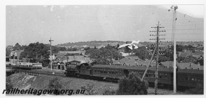 P16413
Steam loco hauling passenger train, platform, signals, Mount Lawley, ER line 
