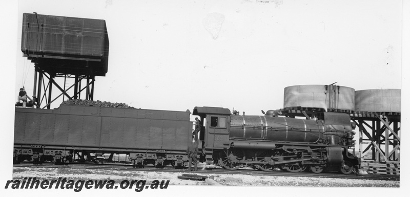 P16457
Commonwealth Railways (CR) C class 63, taking on water, water towers, TAR line, side view

