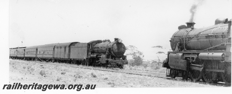 P16459
Two Commonwealth Railways (CR) C class locos, on passenger trains, crossing at Karonie, TAR line
