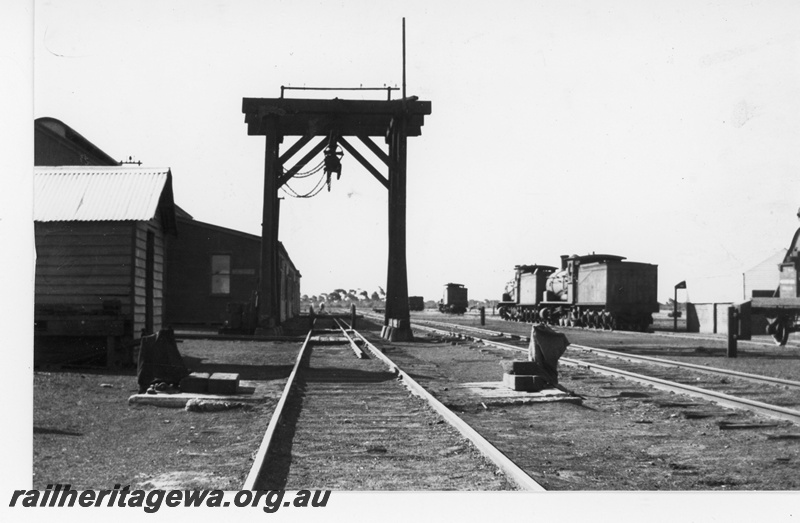 P16462
Commonwealth Railways (CR) yard, buildings, transhipping crane, G class locos, Parkeston, TAR line
