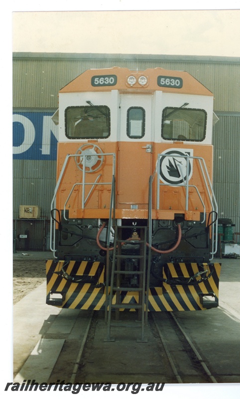 P16509
Mount Newman Mining GE Dash 8 class 5630, in orange and white livery, end view
