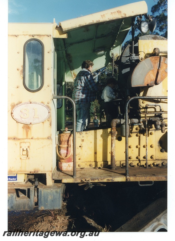 P16574
2 of 4 views of ex WAGR 60 ton Cowans Sheldon breakdown crane No 31, operator's cab, Pemberton Tramway, close up view of interior
