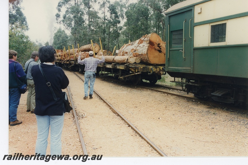 P16578
Rake of flat bed wagons loaded with logs being shunted, shunter, spectators, forest, Pemberton Tramway
