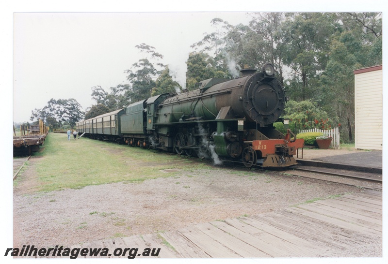 P16581
V class 1213, on tourist passenger service, empty log wagon, visitors, station, Pemberton Tramway, side and front view
