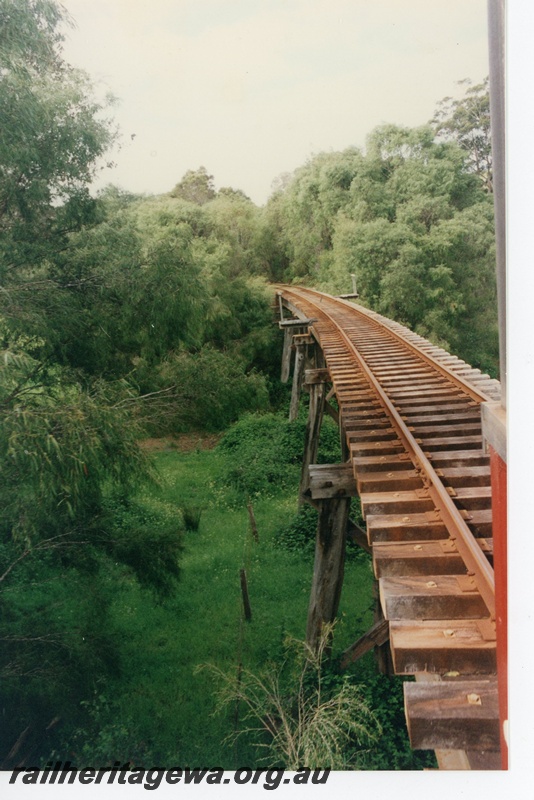 P16585
Section of track through forest, on wooden trestle bridge, Pemberton Tramway
