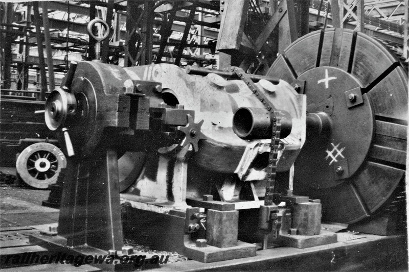 P16595
Rig up for ES class and FS class cylinders, boring steam chests and facing end, view from front of Lathe 12, Midland Workshops
