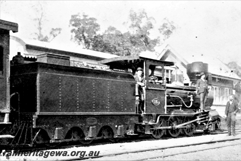 P16622
A class 15, fitted with a Rotheram chimney, Salters safety valves, box headlight, with driver and others, Picton Junction, SWR line, rear and side view, c1902-1905
