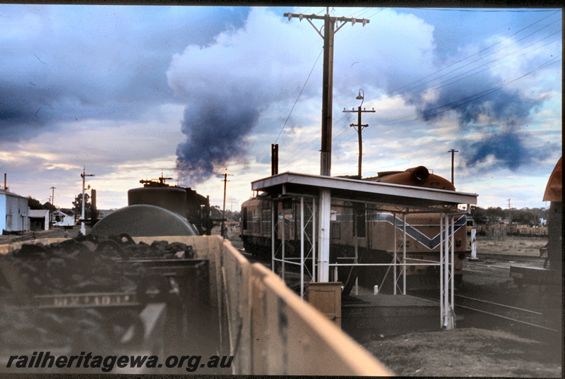 P16631
XB class 1008 in Westrail orange with blue and white stripe livery, coupled to another similar diesel in same livery, partly obscured by roof of small trackside platform, semaphore signals, photo taken from wagon of a Hotham Valley tour train, side and front view
