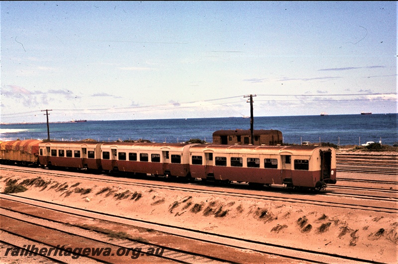 P16636
Three ex Tasmanian red and cream passenger cars, covered wagon, yellow brakevan, shipping and ocean in background, Leighton, ER line, side and end view
