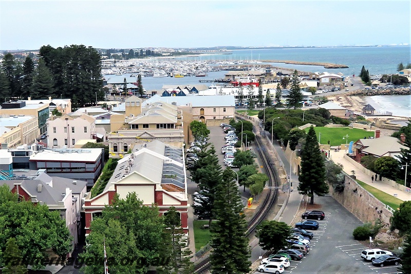 P16643
Track passing the Fremantle Roundhouse, Fishing Boat Harbour in the distance, elevated view looking south, Fremantle, FA line. Compare with P15860
