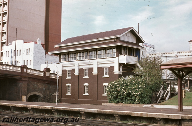 P16658
Signal box C, platform, canopy, road bridge, Perth station
