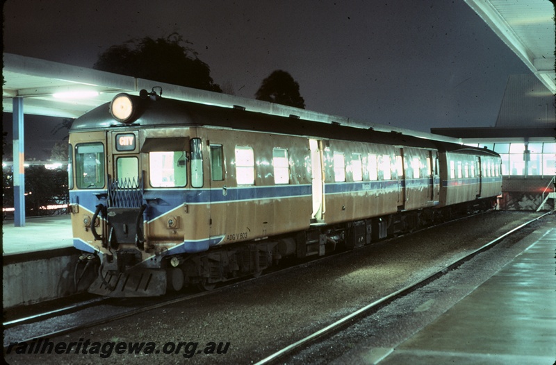 P16659
ADGV class 603 rail car, with another car, about to depart for the city, platforms, roof, Midland station, ER line, front and side view
