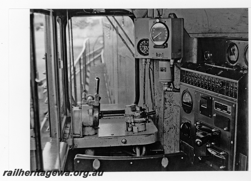 P16690
A class loco, drivers controls, Merredin, EGR line, interior view of cab
