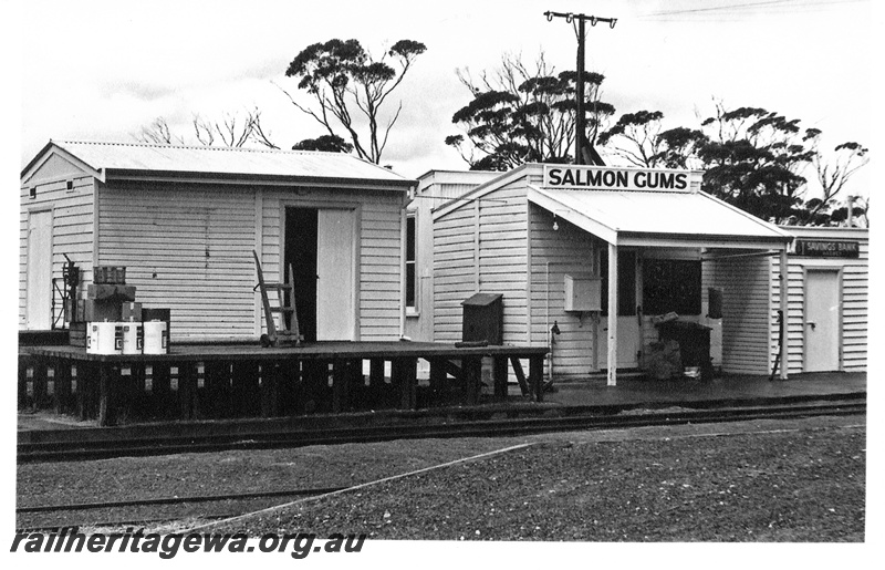 P16700
Goods shed, loading platform, hand trolley, station building, savings bank building, Salmon Gums, CE line
