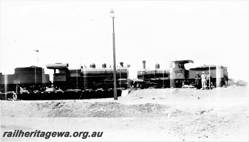 P16726
P class steam loco, A class 21, turntable, Kalgoorlie, EGR line, side on view. C 1925
