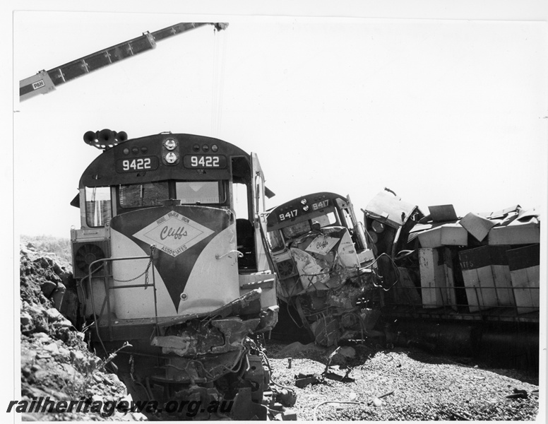 P16735
Cliffs Robe River (CRRIA) M636 class 9422, 9417 at scene of an accident at Siding 1. Locomotive 9417 was written off as a result of this accident.
