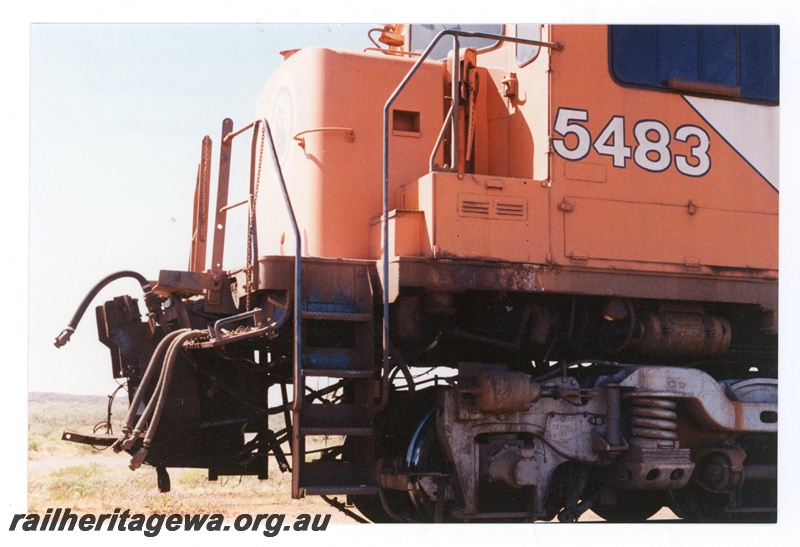 P16760
Mt Newman (MNM) M636 class 5483 accident damage to front coupler and cowcatcher.
