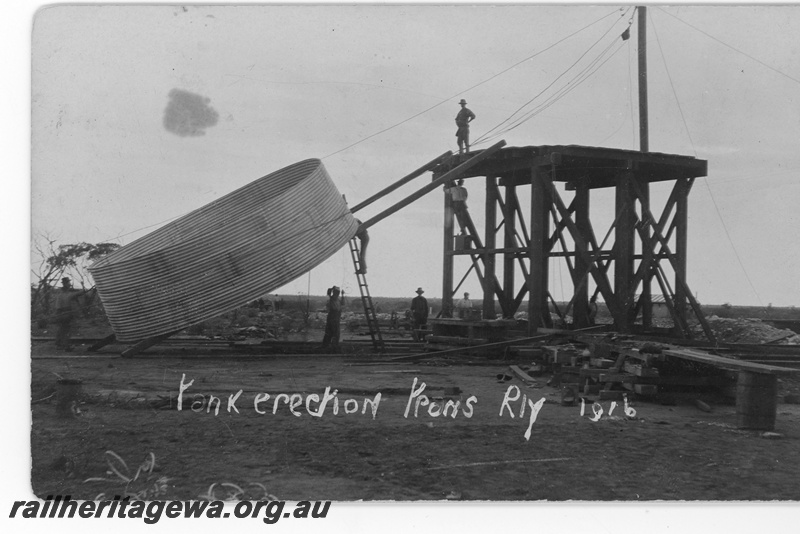 P16797
Commonwealth Railways (CR) -TAR line construction of water tank, possibly at Naretha.
