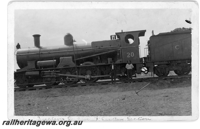 P16818
Commonwealth Railways (CR) - TAR line G class 20 steam locomotive construction train at Unknown location. c1916
