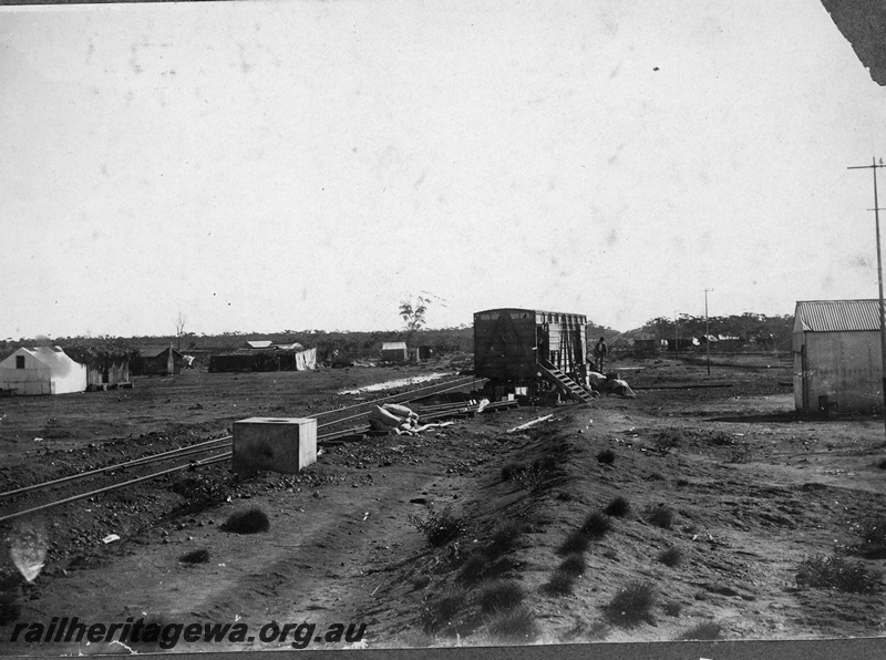 P16839
Commonwealth Railways (CR) - TAR line camp site McGurk Bros head of line store. Unknown location. C1916
