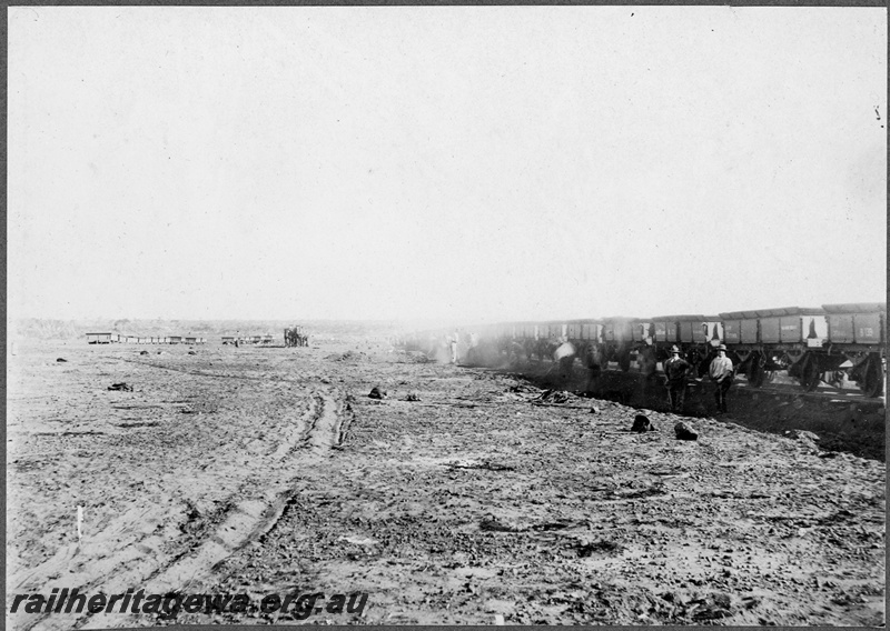 P16840
Commonwealth Railways (CR) - TAR line ballast train dropping ballast. C1916
