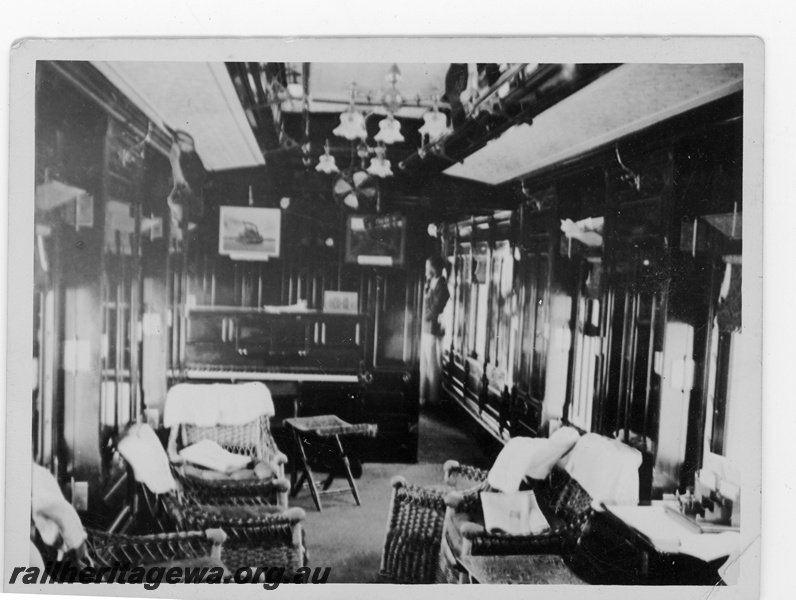 P16878
Commonwealth Railways (CR) - TAR line interior view of lounge car showing piano. C1920.
