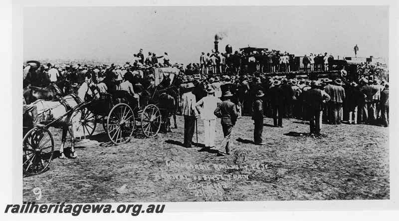 P16994
Coolgardie Railway Fete, celebrating arrival of first train to Coolgardie, steam loco, horse drawn carriages, crowd of onlookers, Coolgardie, EGR line
