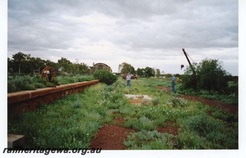 P16999
Overgrown platform, derelict machinery, Z class brakevan on platform, sightseers, Laverton station, KL line
