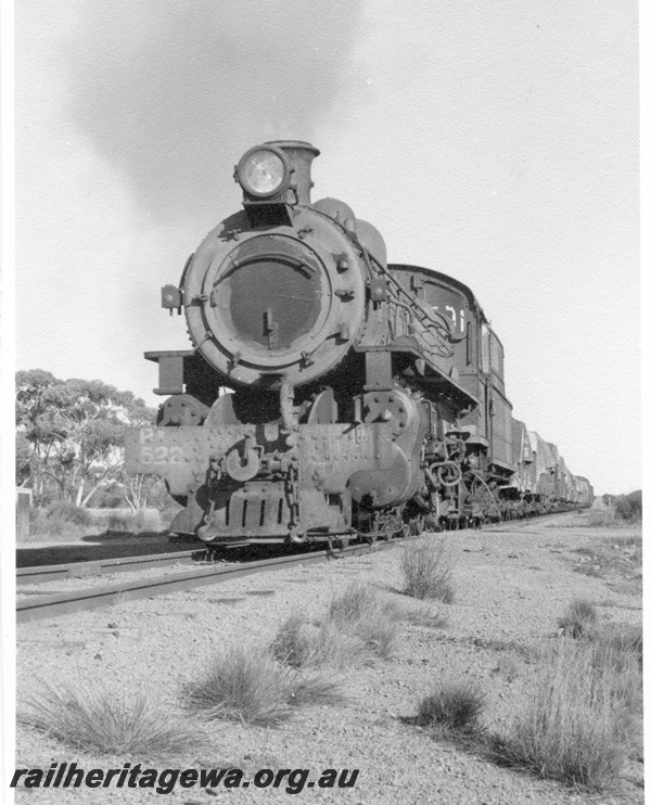 P17014
PR class 522 on goods train, Merredin to Bruce Rock section, NWM line, front and side view, c1966
