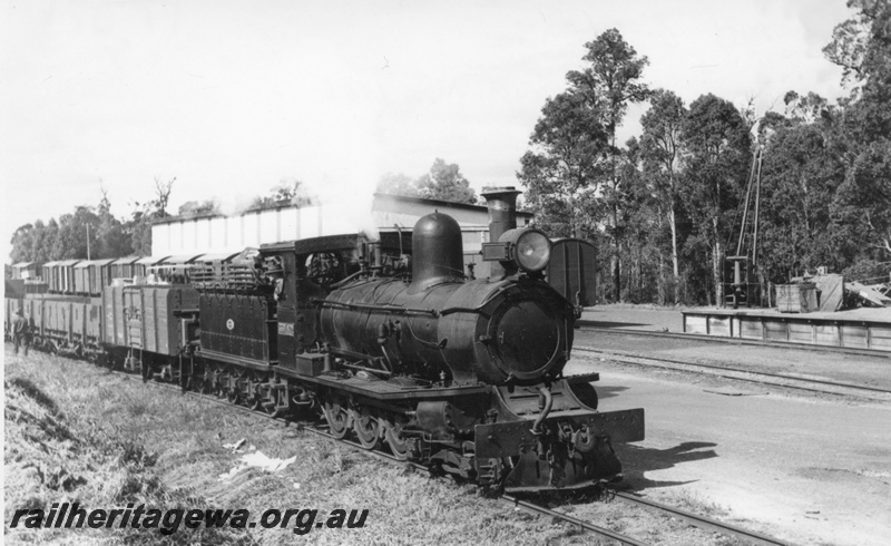 P17021
State Saw Mill No 2 G class loco on mill train, Manjimup, Deanmill to Manjimup branch, side and front view
