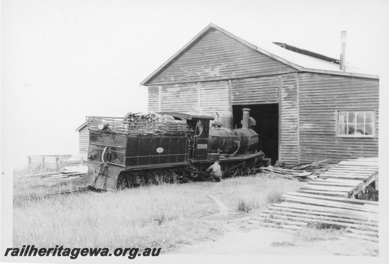 P17025
State Saw Mill No 2 G class loco, mill shed, Deanmill, Deanmill to Manjimup branch, rear and side view
