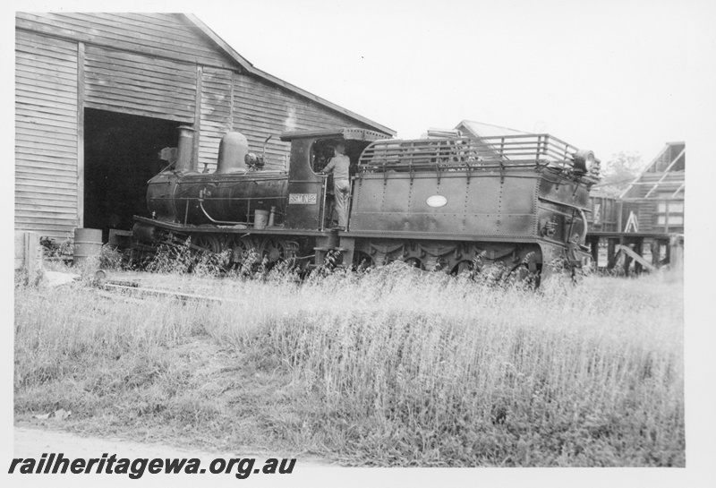 P17026
State Saw Mill No 2 G class loco, mill shed, Deanmill, Deanmill to Manjimup branch, side and rear view
