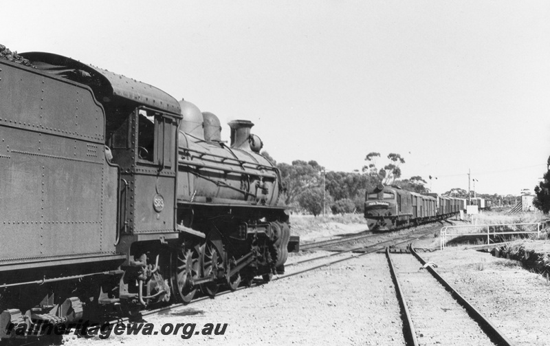 P17034
PR class 523 in the crossing loop, crossing an unidentified X class hauling a train of bogie freight vehicles on the GSR line.
