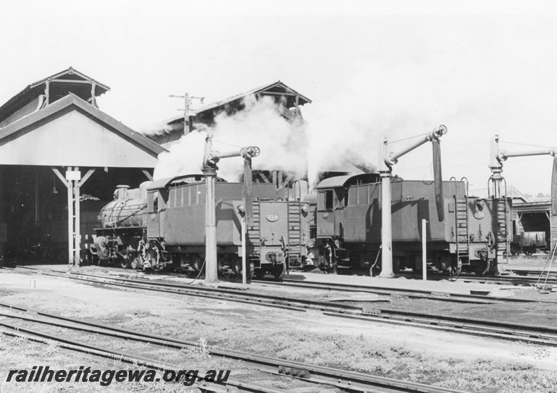 P17056
PM class718 and PM class 705 at the western end of East Perth loco. Note the store shed in the right background, the water columns and the two tender ladders on the locomotive.
