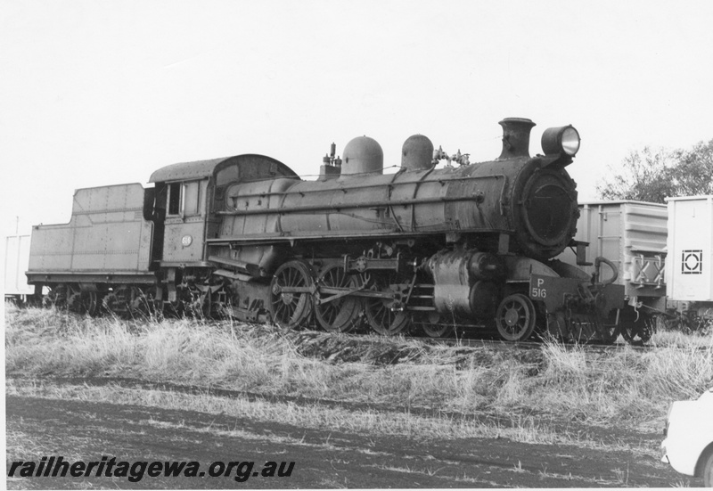 P17065
1 of 2, P class 516 steam locomotive on the scrap road, side and front view, Midland workshops.
