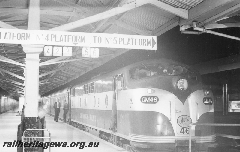 P17074
Commonwealth Railways (CR) diesel locomotive GM class 46 on the Trans-Australian train, side and front view at Kalgoorlie passenger platform.
