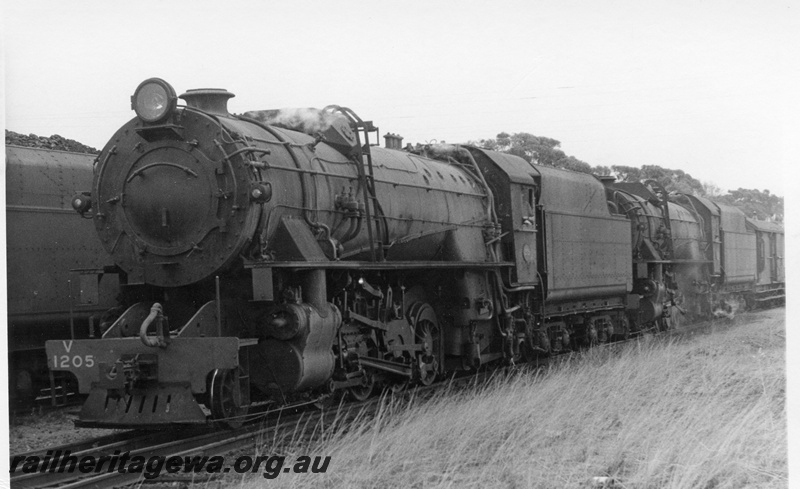 P17246
V class 1205 steam locomotive double heading with another V class steam locomotive, front and side view.
