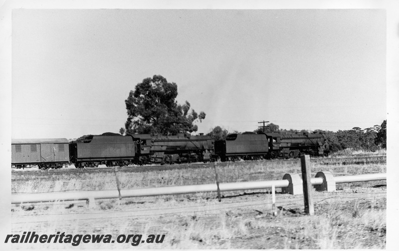 P17249
Two V class steam locomotives double heading on a goods train, brakevan, side view, country scene.
