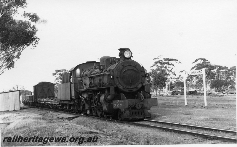 P17263
PMR class 725 steam locomotive, side and front view, on goods train, gang shed, nameboard, Yilliminning, NWM line.
