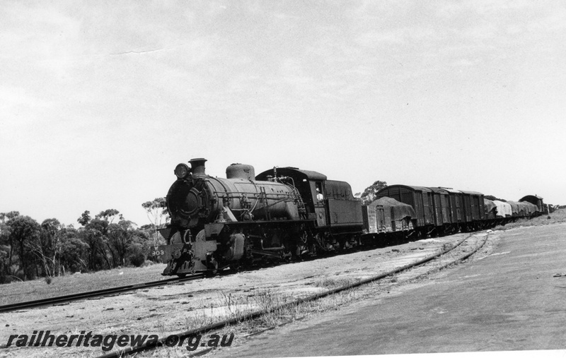 P17301
W class 903 near Wadderin, front & side view of loco and freight wagons. NKM line.
