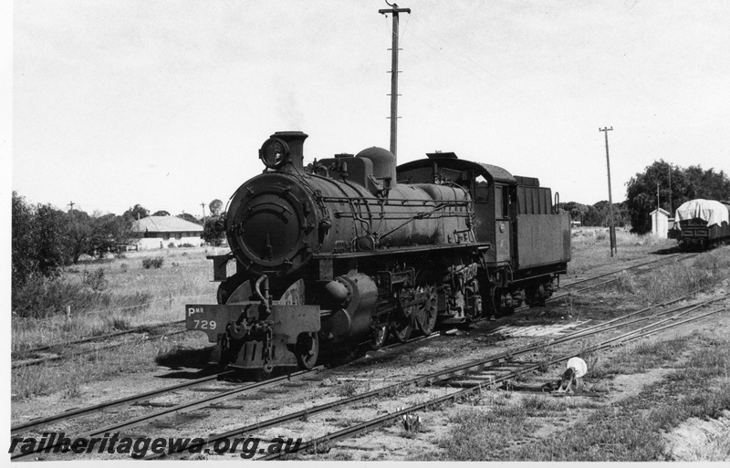 P17305
PMR class 729 shunting at Bruce Rock. Front & side view of locomotive, cheese knob points to right and covered high sided wagon at head of train. NWM line.
