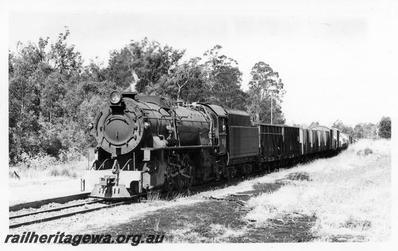 P17326
V class 1217 steam locomotive, front and side view, on goods train, going through Worsley, BN line.
