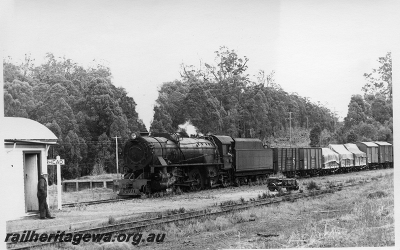 P17328
V class 1221 steam locomotive, front and side view, on goods train, cabin, nameboard, loading bank. Low level platform, Moorhead, BN line.
