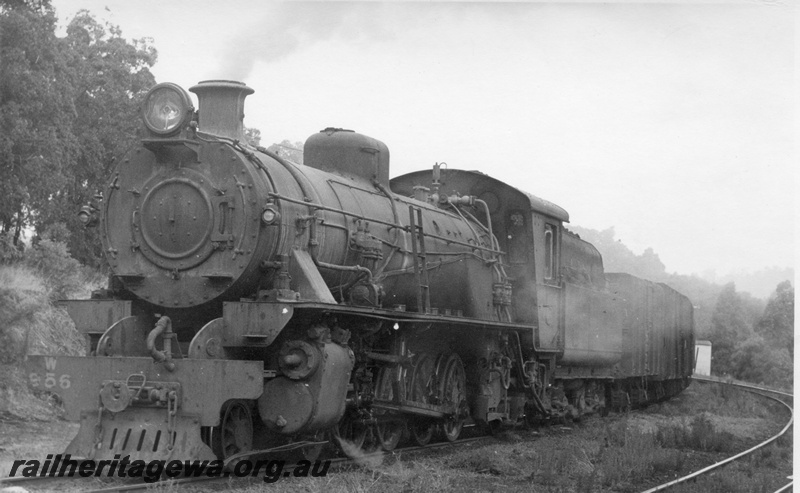 P17334
W class 956 steam locomotive on goods train, front and side view, Beela, BN line.
