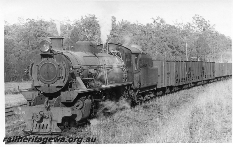 P17336
W class 956 steam locomotive, on goods train, front and side view, Moorhead, BN line.
