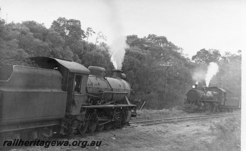 P17337
W class 956 steam locomotive on goods train, crossing PM class 704 steam locomotive, on goods train, side view, Beela, BN line.
