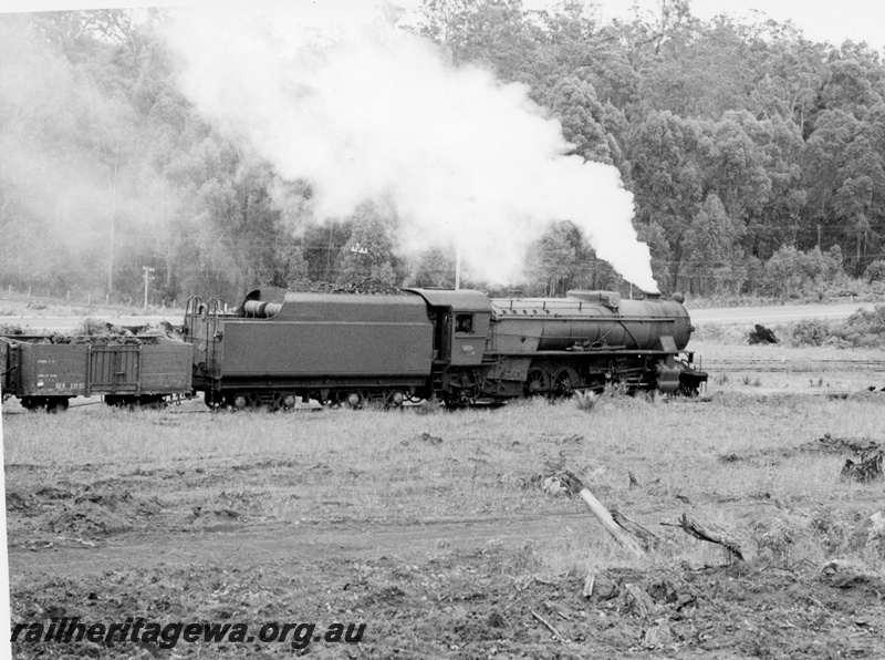 P17340
V class 1215 steam locomotive, on goods train, side view, Moorhead, BN line.
