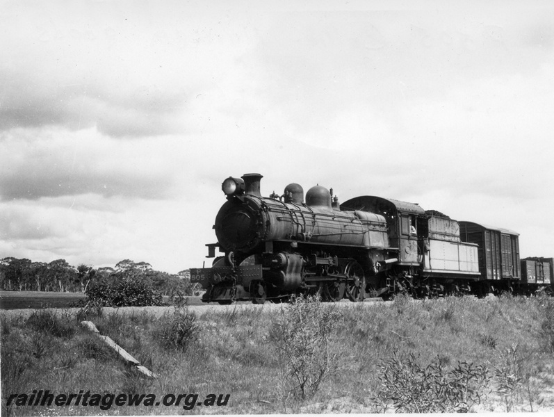 P17352
P class 505 steam locomotive, on goods train, front and side view, BN line.
