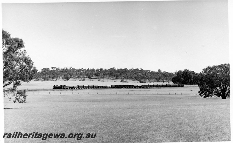 P17389
PMR class 713 steam locomotive on 108 Goods from Narrogin to Collie. Location Unknown. BN line. Distant view of entire train.
